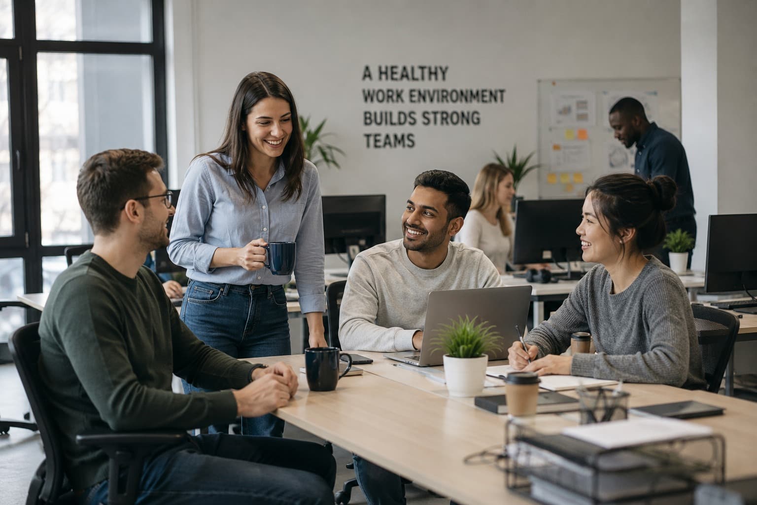 Colleagues collaborating in a bright open office