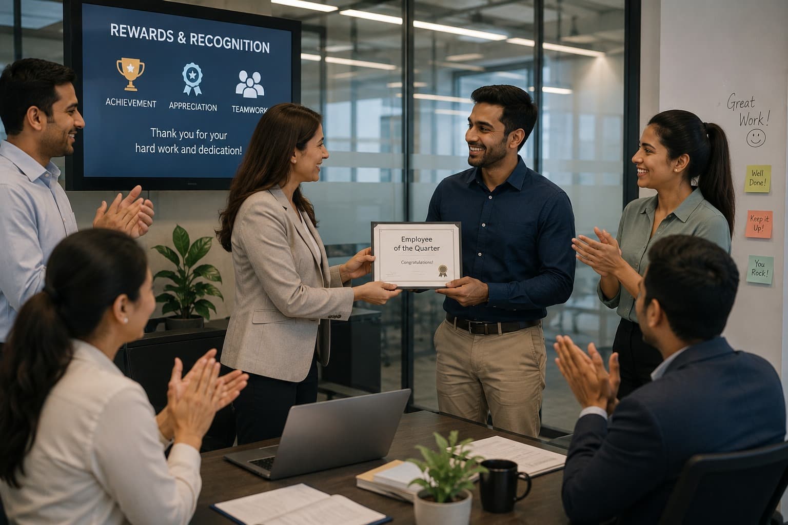 A team member being applauded at an awards ceremony